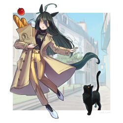 Rule 34 | 1girl, :o, absurdres, ahoge, alternate costume, animal ears, apple, bag, belt, black cat, black hair, black sweater, blue sky, bread, brown coat, brown pants, building, cat, city, coat, commentary request, cross, cross necklace, day, earrings, food, fruit, full body, hair between eyes, highres, holding, holding bag, horse ears, horse girl, horse tail, jewelry, long bangs, long hair, long sleeves, looking at viewer, manhattan cafe (umamusume), milk carton, necklace, open clothes, open coat, open mouth, outdoors, pants, paper bag, single earring, sky, solo, sweater, tail, tokiwa png, turtleneck, turtleneck sweater, umamusume, white footwear, yellow eyes