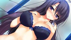 Rule 34 | 1girl, black bra, blush, bow, bow bra, bra, breast suppress, breasts, cleavage, close-up, collarbone, dutch angle, full-face blush, game cg, highres, lace, lace-trimmed bra, lace trim, large breasts, long hair, lying, mizuno rin, navel, purple eyes, purple hair, reminiscence, solo, sweatdrop, tomose shunsaku, underwear
