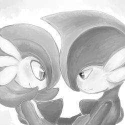 Rule 34 | blush, closed mouth, creatures (company), gallade, game freak, gardevoir, gen 3 pokemon, gen 4 pokemon, greyscale, half-closed eyes, hand on another&#039;s chest, looking at another, lowres, monochrome, nintendo, pokemon, pokemon (creature), sideways mouth, simple background, smile, spikes, supainii, white background