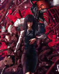 Rule 34 | 1girl, 2boys, absurdres, animal on arm, bird, bird on arm, black dress, black hair, black ribbon, blank eyes, blood, blood on clothes, breasts, chainsaw, chainsaw man, collared shirt, denji (chainsaw man), dress, glowing, glowing eye, highres, instagram username, intestines, long hair, looking at viewer, medium breasts, messy hair, multiple boys, open mouth, organs, pile of corpses, pinafore dress, red theme, ribbon, severed head, sharp teeth, shirt, short hair, sleeveless dress, stephengiannart, tanaka (chainsaw man), teeth, tongue, tongue out, twitter username, war devil (chainsaw man), white shirt, yoru (chainsaw man)