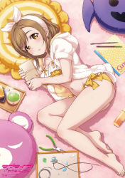 Rule 34 | 1girl, barefoot, blush, bra, breasts, brown eyes, brown hair, collarbone, copyright name, feet, frilled bra, frills, from above, hair ornament, highres, holding, inou shin, kunikida hanamaru, looking at viewer, love live!, love live! school idol festival, love live! sunshine!!, lying, medium breasts, nail polish, navel, official art, on side, parted lips, ribbon, short hair, solo, toes, underwear, underwear only, yellow ribbon