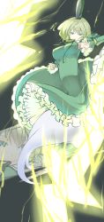 Rule 34 | 1girl, breasts, dress, female focus, ghost, ghost tail, gradient background, green dress, green eyes, green hair, hat, highres, lightning, matching hair/eyes, mito (calcomer), short hair, soga no tojiko, solo, touhou, white background