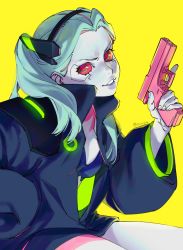 Rule 34 | 1girl, aqua hair, artificial eye, blue bra, blue jacket, blue lips, bra, breasts, colored sclera, colored skin, commentary, cyberpunk (series), cyberpunk edgerunners, english commentary, fingernails, glowing, green eyes, grin, gun, handgun, highres, holding, holding weapon, jacket, leg tattoo, long hair, long sleeves, looking at viewer, mechanical eye, na yeon, neck tattoo, partially unzipped, puffy long sleeves, puffy sleeves, rebecca (cyberpunk), red pupils, red sclera, samurai jacket (cyberpunk), small breasts, smile, solo, tattoo, trigger discipline, twintails, twitter username, underwear, upper body, weapon, white skin, wide sleeves, yellow background