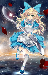 Rule 34 | 1girl, absurdres, alice (alice in wonderland), alice in wonderland, apron, blonde hair, blue eyes, blush, bow, dress, frills, glycyrrhizae, hair bow, hair ornament, hair ribbon, highres, kneehighs, large bow, long hair, looking at viewer, mary janes, ribbon, shoes, smile, socks, solo, spoon, wavy hair