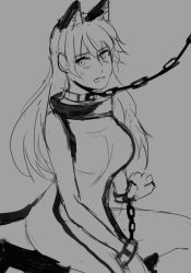 Rule 34 | 1girl, animal ear fluff, animal ears, arong, boots, cat ears, chain, collar, cuffs, fake animal ears, gloves, long hair, looking to the side, matara okina, monochrome, open mouth, seiza, shackles, sitting, solo, sweat, tabard, touhou
