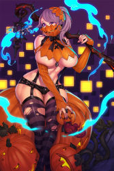 Rule 34 | 1girl, absurdres, black cape, blue eyes, bow, bowtie, breasts, cape, commentary, curvy, english commentary, garter straps, glowing, glowing eyes, halloween, highres, huge breasts, jack-o&#039;-lantern, lantern, long hair, nail polish, original, ponytail, pumpkin, pumpkin hat, purple background, purple eyes, purple hair, purple nails, sitting, skeleton, skull, staff, striped clothes, striped thighhighs, suspenders, thick thighs, thighhighs, thighs, torn clothes, torn legwear, underboob, wei (kaminari0411), wide hips