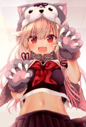 Rule 34 | 1girl, :d, black serafuku, black shirt, black skirt, blonde hair, blue eyes, blush, breasts, claw pose, claws, commentary request, gloves, gradient hair, grey background, grey gloves, hair ornament, hairclip, hood, hood up, kantai collection, long hair, looking at viewer, low twintails, medium breasts, midriff, multicolored hair, navel, neckerchief, nemuri nemu, open mouth, pink hair, pleated skirt, red eyes, red neckerchief, school uniform, serafuku, shirt, short sleeves, skirt, smile, solo, twintails, v-shaped eyebrows, very long hair, wolf hood, yuudachi (kancolle), yuudachi kai ni (kancolle)