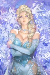 Rule 34 | 1girl, bare shoulders, blonde hair, braid, braveking, breasts, choker, cleavage, collarbone, crossed arms, detached sleeves, dress, elsa (frozen), eyelashes, eyeshadow, frozen (disney), hair ornament, jewelry, lips, long hair, looking at viewer, makeup, necklace, nose, purple eyes, queen, see-through, sequins, shiny skin, single braid, snowflakes, solo, strapless, strapless dress