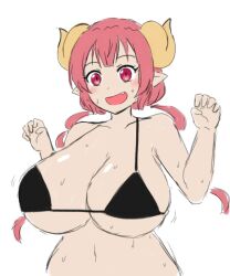 Rule 34 | 1girl, bikini, black bikini, breasts, collarbone, dot nose, dragon girl, dragon horns, fang, highres, horns, huge breasts, ilulu (maidragon), kobayashi-san chi no maidragon, long hair, looking at viewer, matching hair/eyes, momijizx, motion lines, navel, open mouth, pointy ears, red eyes, red hair, slit pupils, solo, standing, sweat, swimsuit, thick thighs, thighs, upper body, white background