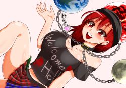 Rule 34 | 1girl, bare shoulders, blush, bouncing breasts, breasts, chain, choker, cleavage, clothes writing, collarbone, commentary request, earth (ornament), hat, heart, hecatia lapislazuli, highres, himajin noizu, large breasts, leg up, medium hair, microskirt, moon (ornament), multicolored clothes, multicolored skirt, off-shoulder shirt, off shoulder, plaid, plaid skirt, red eyes, red hair, round teeth, shirt, simple background, skirt, solo, teeth, thighs, touhou, translation request, upper teeth only, white background