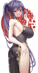 Rule 34 | 1girl, ass, bare shoulders, blue eyes, borrowed character, breasts, china dress, chinese clothes, dress, floral print, from side, halter dress, halterneck, highres, holding, k pring, large breasts, long hair, looking at viewer, looking to the side, pelvic curtain, poker chip, ponytail, purple hair, see-through, see-through dress, solo, yuna (biya (1024))