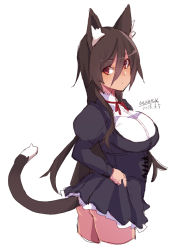 Rule 34 | 1girl, animal ears, ass, black dress, blush, breasts, brown eyes, brown hair, cat ears, cat girl, cat tail, closed mouth, cowboy shot, cropped legs, dated, dress, hair between eyes, hand on own hip, juliet sleeves, large breasts, long hair, long sleeves, looking at viewer, looking back, maze (gochama ze gohan), original, puffy sleeves, short dress, signature, simple background, sketch, solo, tail, very long hair, white background