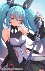 Rule 34 | 1girl, aqua eyes, aqua hair, bare shoulders, black gloves, chinese commentary, commentary request, detached sleeves, eyes visible through hair, fingerless gloves, forever 7th capital, gloves, hair between eyes, hatsune miku, headphones, long hair, microphone stand, revision, solo, tattoo, twintails, very long hair, vocaloid, waero, watermark, web address, wide sleeves
