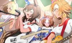 Rule 34 | 4girls, admire vega (umamusume), ahoge, animal ears, bass guitar, blonde hair, bow, brown hair, closed eyes, closed mouth, commentary request, commission, drum, drum set, drumsticks, ear covers, ear ornament, ear ribbon, guitar, hair between eyes, hair ribbon, hairband, hands up, highres, holding, holding drumsticks, holding guitar, holding instrument, holding microphone, horse ears, horse girl, horse tail, indoors, instrument, long hair, looking at another, medium hair, meisho doto (umamusume), microphone, moffumoto, multicolored hair, multiple girls, music, narita top road (umamusume), open mouth, orange hair, pink eyes, pink hairband, playing guitar, playing instrument, ponytail, profile, purple ribbon, ribbon, shirt, short hair, short sleeves, singing, single ear cover, skeb commission, smile, streaked hair, sweat, t.m. opera o (umamusume), tail, umamusume, white hair, white ribbon, white shirt, yellow tail