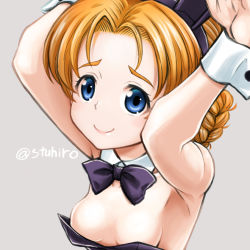 Rule 34 | 1girl, artist name, blue eyes, breasts, commentary, commentary request, girls und panzer, grey background, leotard, looking at viewer, medium hair, orange hair, orange pekoe (girls und panzer), playboy bunny, rabbit pose, simple background, small breasts, smile, solo, sutahiro (donta), wrist cuffs