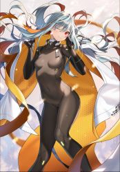 Rule 34 | 1girl, barcode, bodysuit, breasts, controlline3, counter:side, covered navel, highres, holding, holding clothes, honeycomb (pattern), long hair, looking at viewer, multicolored hair, one eye closed, orange hair, qr code, red eyes, sigma (counter:side), silver hair, skin tight, small breasts, solo