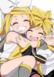 Rule 34 | 1boy, 1girl, absurdres, blonde hair, bow, brother and sister, closed eyes, commentary, detached sleeves, grin, hair bow, hair ornament, hairband, hairclip, headphones, headset, highres, hug, kagamine len, kagamine rin, leg warmers, necktie, open mouth, satou asuka, siblings, smile, twins, vocaloid, white background, white hairband, yellow nails, yellow necktie