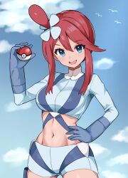 Rule 34 | 1girl, :d, abs, blue eyes, blue gloves, blue jacket, blue shorts, breasts, cloud, commentary request, cowboy shot, creatures (company), cropped jacket, day, game freak, gloves, hair ornament, hand on own hip, hand up, highres, holding, holding poke ball, jacket, looking at viewer, medium breasts, navel, nintendo, one side up, open mouth, outdoors, poke ball, pokemon, pokemon bw, raimu (clanberry000), red hair, short hair with long locks, short shorts, shorts, sidelocks, sky, skyla (pokemon), smile, solo, teeth, tongue, upper teeth only