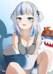 Rule 34 | 1girl, absurdres, bare shoulders, bloop (gawr gura), blue background, blue eyes, blue hair, blue jacket, blunt bangs, blush, breasts, cleavage, clothes down, collarbone, commentary, ebi-chan (gawr gura), fins, fish tail, gawr gura, gawr gura (1st costume), gradient background, grey tank top, hair ornament, highres, hololive, hololive english, hood, hoodie, jacket, long hair, multicolored hair, myolu, open mouth, shark girl, shark hair ornament, shark tail, sharp teeth, simple background, sitting, small breasts, smile, solo, streaked hair, tail, tank top, teeth, two-tone background, two-tone hair, unworn hoodie, virtual youtuber, white background, white hair