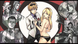 Rule 34 | 3boys, 5girls, :o, aiming, aiming at viewer, alternate costume, ass, bikini, black bikini, blonde hair, blue eyes, bow, bowtie, breasts, caitlyn (league of legends), cal (pmgdd), camille ferros, chair, commentary, cup, cyborg, drinking glass, extra arms, eyewear on head, ezreal, flower, gloves, gun, hairband, handgun, hat, highres, james bond (series), jayce (league of legends), league of legends, long hair, loose necktie, lux (league of legends), mask, mechanical arms, multiple boys, multiple girls, necktie, orianna (league of legends), parody, partially colored, pistol, robot, rose, signature, single mechanical arm, sitting, small breasts, sunglasses, swimsuit, tuxedo, vi (league of legends), viktor (league of legends), watermark, weapon, web address, white gloves, wine glass