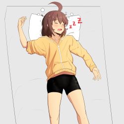 Rule 34 | 1girl, ahoge, bike shorts, blush, commentary request, drooling, flat chest, highres, hood, hood down, hoodie, huge ahoge, linne, lying, on back, pillow, rigid fouling, sleeping, sleeves pushed up, solo, under night in-birth, yellow hoodie, zzz