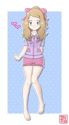 Rule 34 | 1girl, absurdres, alternate costume, barefoot, blonde hair, blue background, blue eyes, blush, border, bow, character cutout, collarbone, creatures (company), feet, female focus, full body, game freak, hair bow, heart, highres, knees together feet apart, long hair, looking at viewer, nintendo, outline, pajamas, pink bow, pink shorts, pokemon, pokemon (anime), pokemon xy (anime), purple shirt, serena (pokemon), shirt, short shorts, short sleeves, shorts, simple background, smile, solo, standing, tax2rin, text focus, translated, watermark, white border