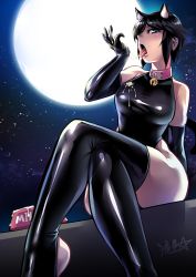 Rule 34 | 1girl, animal ears, bare shoulders, bell, black hair, black leotard, blue eyes, boots, bowl, breasts, cat ears, cat girl, cat tail, collar, commentary, crossed legs, cum, cum in container, cum in mouth, cum on clothes, cum on fingers, cum string, elbow gloves, english commentary, full moon, gloves, gokkun, hair over one eye, highres, jingle bell, kemonomimi mode, latex, latex boots, latex gloves, latex leotard, leotard, medium breasts, moon, night, open mouth, original, outdoors, pet bowl, pink collar, ryuusei (mark ii), short hair, signature, sitting, sky, solo, star (sky), starry sky, tail, taut leotard, thigh boots, thighhighs, thighs, tongue, tongue out