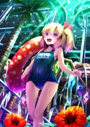 Rule 34 | 1girl, :d, ahoge, blonde hair, fangs, female focus, flandre scarlet, flower, heart, hibiscus, highres, holding, innertube, name tag, no headwear, one-piece swimsuit, open mouth, palm tree, purple eyes, red eyes, ryosios, school swimsuit, short hair, side ponytail, smile, solo, star (symbol), swim ring, swimsuit, touhou, tree, water, waterfall, waterpark, wings