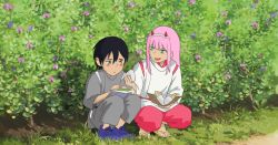 Rule 34 | 10s, 1boy, 1girl, black hair, blue eyes, blush stickers, couple, darling in the franxx, food, grass, green eyes, grey pants, grey shirt, hair ornament, hairband, hetero, hiro (darling in the franxx), holding, holding food, horns, japanese clothes, long hair, long sleeves, looking at another, mondayy, no socks, oni horns, onigiri, open mouth, pants, pink hair, purple footwear, red horns, red pants, sandals, shirt, shoes, short hair, sneakers, squatting, tree, white hairband, white shirt, zero two (darling in the franxx)