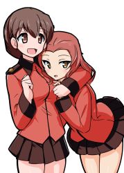 Rule 34 | 10s, 2girls, aegis (nerocc), arm around neck, black skirt, braid, brown eyes, brown hair, commentary, cowboy shot, epaulettes, girls und panzer, highres, jacket, long hair, long sleeves, looking at viewer, looking to the side, military, military uniform, miniskirt, multiple girls, open mouth, pleated skirt, red hair, red jacket, rosehip (girls und panzer), rukuriri (girls und panzer), short hair, simple background, single braid, skirt, smile, st. gloriana&#039;s military uniform, uniform, white background