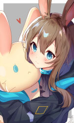 Rule 34 | 1girl, amiya (arknights), animal ear fluff, animal ears, arknights, black jacket, blush, brown hair, choshanland plushy (arknights), closed mouth, commentary, grey background, hair between eyes, heart, hugging object, jacket, long hair, long sleeves, looking at viewer, omuretsu, rabbit ears, sidelocks, signature, smile, solo, stuffed animal, stuffed rabbit, stuffed toy, two-tone background, upper body, white background