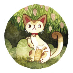 Rule 34 | 1girl, animal focus, bell, cat, collar, commentary, english commentary, full body, grass, heikala, highres, leaf, looking to the side, maneki-neko, neck bell, no humans, original, painting (medium), rock, solo, traditional media, watercolor (medium)