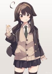 Rule 34 | 1girl, :t, ahoge, black hair, black jacket, black skirt, black thighhighs, blazer, brown cardigan, brown hairband, cardigan, closed mouth, collared shirt, commentary request, food, food on face, green neckerchief, grey background, hairband, hand up, holding, holding food, jacket, long hair, long sleeves, looking at viewer, natsuki teru, neckerchief, open clothes, open jacket, original, pleated skirt, shikibe ayaka, shirt, simple background, skirt, sleeves past wrists, solo, taiyaki, thighhighs, wagashi, white shirt