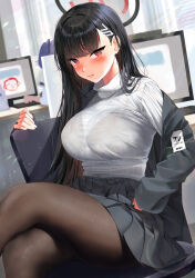 Rule 34 | 2girls, doodle sensei (blue archive), black bra, black hair, black jacket, black pantyhose, black skirt, blazer, blue archive, blush, bra, bra visible through clothes, breasts, crossed legs, feet out of frame, halo, highres, id card, indoors, jacket, kawai (purplrpouni), large breasts, looking at viewer, monitor, multiple girls, pantyhose, pleated skirt, red eyes, rio (blue archive), sensei (blue archive), sitting, skirt, solo focus, sweater, sweater tucked in, underwear, white sweater, yuuka (blue archive)
