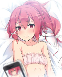 Rule 34 | 10s, 1girl, artist name, bad id, bad pixiv id, bandeau, bare arms, bare shoulders, bed, bikini, blush, cellphone, cinderella bust, dated, hair ribbon, highres, i-168 (kancolle), kantai collection, long hair, micro bikini, phone, pink bikini, red eyes, red hair, ribbon, selfie, shuuichi, smile, solo, swimsuit