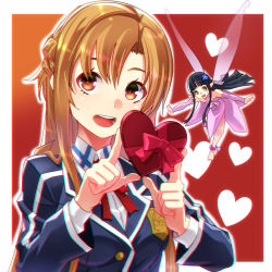 Rule 34 | 2girls, :d, asuna (sao), blue jacket, box, braid, breasts, brown eyes, brown hair, child, chromatic aberration, collared shirt, commentary request, detached sleeves, dress, eyebrows hidden by hair, fairy, fairy wings, gift, gift box, hands up, heart, heart-shaped box, highres, is ii, jacket, long hair, long sleeves, looking at viewer, mini person, minigirl, mother and daughter, multiple girls, neck ribbon, open mouth, parted bangs, pink dress, pink sleeves, red ribbon, ribbon, shirt, small breasts, smile, strapless, strapless dress, sword art online, teeth, upper body, upper teeth only, valentine, very long hair, white shirt, wings, yui (sao)