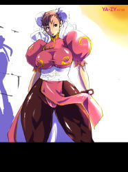 Rule 34 | alternate color, bracelet, breasts, brown eyes, brown hair, bun cover, capcom, china dress, chinese clothes, chun-li, double bun, dress, jewelry, large breasts, muscular, panties, pantyhose, short hair, solo, spiked bracelet, spikes, street fighter, thick thighs, thighs, underwear, yunioshi