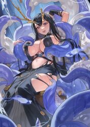 Rule 34 | 1girl, antlers, asymmetrical antlers, asymmetrical horns, azur lane, black hair, blush, breasts, dress, golden hind (azur lane), highres, horns, large breasts, long hair, looking at viewer, mole, mole under mouth, navel, open mouth, red cucumber, reindeer antlers, revealing clothes, solo, tentacles, tongue, tongue out, very long hair