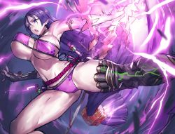 Rule 34 | 1girl, arm guards, armlet, armor, bare shoulders, beads, bikini, black gloves, bouncing breasts, breasts, choker, commentary request, elbow gloves, eyepatch bikini, fate/grand order, fate (series), fingerless gloves, gloves, greaves, hair between eyes, hip focus, huge breasts, katana, lightning, long hair, low-tied long hair, melon22, minamoto no raikou (fate), minamoto no raikou (fate/grand order), minamoto no raikou (swimsuit lancer) (fate), minamoto no raikou (swimsuit lancer) (third ascension) (fate), navel, open mouth, parted bangs, purple bikini, purple eyes, purple hair, rope, sheath, side-tie bottom, solo, swimsuit, sword, thighs, toned, very long hair, weapon