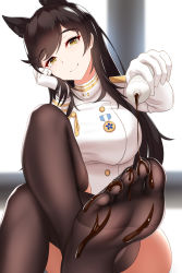 Rule 34 | 1girl, animal ears, atago (azur lane), azur lane, black hair, black thighhighs, blurry, blurry background, blush, bottle, breasts, brown eyes, chocolate on foot, closed mouth, crossed legs, extra ears, feet, foot up, gloves, hair ribbon, head on hand, head tilt, highres, holding, holding bottle, indoors, jacket, large breasts, long hair, looking at viewer, military, military uniform, mole, mole under eye, nekoda (maoda), pouring, revision, ribbon, sidelocks, sitting, smile, soles, solo, swept bangs, thighhighs, toes, uniform, white jacket, white ribbon