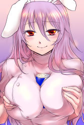Rule 34 | 1girl, animal ears, artist name, between breasts, blush, breasts, breasts squeezed together, can, female focus, grabbing own breast, gradient background, hat, hekiya kaine, large breasts, long hair, looking at viewer, naughty face, nurse, nurse cap, product placement, purple hair, rabbit ears, red bull, red eyes, reisen udongein inaba, sexually suggestive, smile, solo, touhou, twitter username