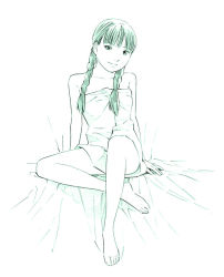 Rule 34 | 1girl, barefoot, braid, monochrome, original, sketch, solo, traditional media, twin braids, yoshitomi akihito