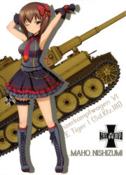 Rule 34 | 10s, 1girl, absurdres, alternate costume, armpits, arms up, black gloves, black hairband, black skirt, boots, bow, brown eyes, brown hair, character name, girls und panzer, gloves, grey footwear, grey shirt, hair between eyes, hair bow, hairband, highres, knee boots, layered skirt, looking at viewer, military, military vehicle, motor vehicle, necktie, nishizumi maho, one eye closed, red bow, red necktie, shirt, short hair, skirt, sleeveless, sleeveless shirt, solo, standing, striped, striped bow, tank, thigh strap, tiger i, white background