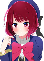 Rule 34 | 1girl, absurdres, arima kana, beret, black bow, black vest, blue hat, blue jacket, blush, bob cut, bow, bowtie, collared shirt, commentary, hat, hat bow, highres, inverted bob, jacket, long sleeves, looking at viewer, nervous, no pupils, oshi no ko, pink bow, pink bowtie, raid (minmiru), red eyes, red hair, school uniform, shirt, short hair, simple background, solo, sweat, twirling hair, vest, wavy mouth, white background, white shirt, youtou high school uniform