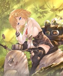 Rule 34 | 1girl, absurdres, blonde hair, blue eyes, blush, breasts, detective, hair ornament, highres, hololive, hololive english, honkivampy, large breasts, looking at viewer, motor vehicle, necktie, scooter, shirt, short hair, skirt, smile, solo, thighhighs, virtual youtuber, watson amelia, white shirt, zettai ryouiki