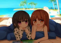 Rule 34 | 2girls, :d, :o, bare arms, bare shoulders, barefoot, blue sky, blush, brown eyes, brown hair, collarbone, collared shirt, day, hair between eyes, hands up, horizon, leg up, long sleeves, lying, multiple girls, ocean, on stomach, open mouth, original, outdoors, palm tree, parted lips, print shirt, purple eyes, shirt, sky, sleeves past wrists, smile, soles, tank top, tree, water, white shirt, yuuhagi (amaretto-no-natsu)