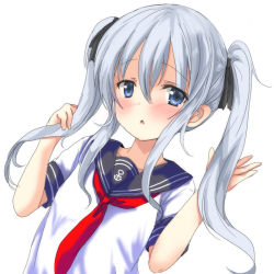 Rule 34 | 1girl, :&lt;, alternate hairstyle, anchor symbol, black ribbon, black sailor collar, blue eyes, blush, commentary request, dutch angle, hair between eyes, hair ribbon, hands up, hibiki (kancolle), kantai collection, long hair, oshiruko (uminekotei), parted lips, red neckwear, ribbon, sailor collar, school uniform, serafuku, shirt, short sleeves, silver hair, simple background, solo, triangle mouth, twintails, twintails day, white background, white shirt