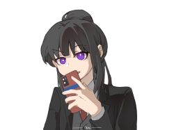 Rule 34 | 1girl, black hair, black jacket, chinese commentary, collared shirt, commentary request, grey vest, highres, holding, holding phone, inoue takina, jacket, long hair, long sleeves, looking at viewer, lycoris recoil, necktie, parted lips, phone, ponytail, purple eyes, red necktie, shirt, simple background, smile, solo, suit jacket, sunglasses, upper body, vest, waistcoat, white background, white shirt, yanlingjinshilihuahua