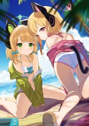 Rule 34 | 2girls, absurdres, animal ear headphones, animal ears, ass, barefoot, beach, between legs, blonde hair, blue archive, blush, bow, breasts, cat ear headphones, cleavage, controller, fake animal ears, fake tail, frills, game controller, green eyes, green halo, hair bow, halo, hand between legs, headphones, highres, jacket, kneeling, looking at viewer, looking back, midori (blue archive), miebao, momoi (blue archive), multiple girls, navel, nintendo switch, open clothes, open jacket, palm tree, pink eyes, pink halo, sandals, short hair, siblings, sisters, sitting, small breasts, smile, swimsuit, tail, thighs, tree, twins, wariza