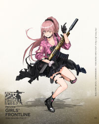 Rule 34 | 1girl, assault rifle, black choker, black footwear, black jacket, black scrunchie, boots, breasts, character name, choker, clothes around waist, collarbone, damaged, earrings, facial mark, full body, girls&#039; frontline, grey skirt, gun, highres, holding, holding gun, holding weapon, infukun, jacket, jacket around waist, jewelry, knee pads, logo, long hair, looking at viewer, medium breasts, multiple piercings, musical note, official art, one eye closed, parted lips, pink eyes, pink hair, pleated skirt, ponytail, purple shirt, r5 (girls&#039; frontline), remington arms, remington r5 rgp, rifle, scrunchie, shirt, sidelocks, single knee pad, skirt, smile, stud earrings, suspenders, thigh strap, torn clothes, trigger discipline, weapon, white scrunchie, wrist scrunchie